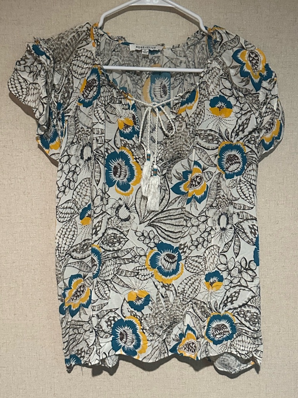 Rose & Olive White Blouse with Teal and Yellow Floral Print